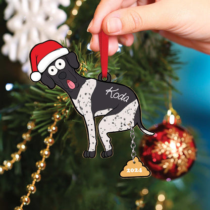 Personalized dog Christmas ornament featuring a black and white dog wearing a Santa hat with the name Koda and 2024 tag