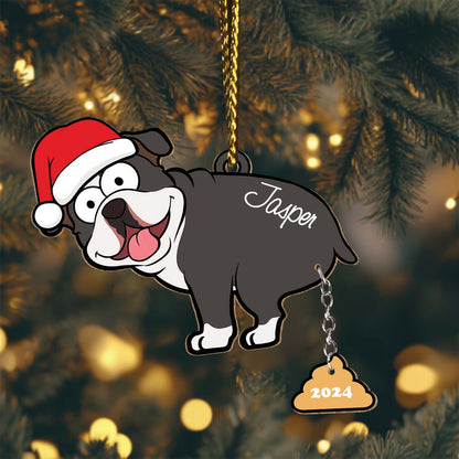 Personalized dog Christmas ornament with Santa hat and name Jasper hanging on tree with 2024 charm