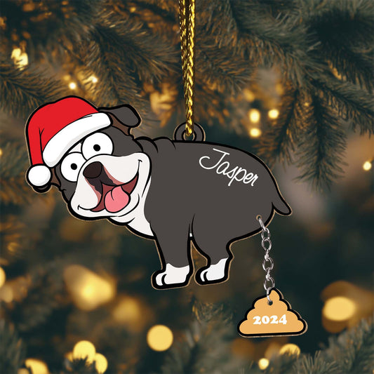 Personalized dog Christmas ornament with Santa hat and name Jasper hanging on tree with 2024 charm