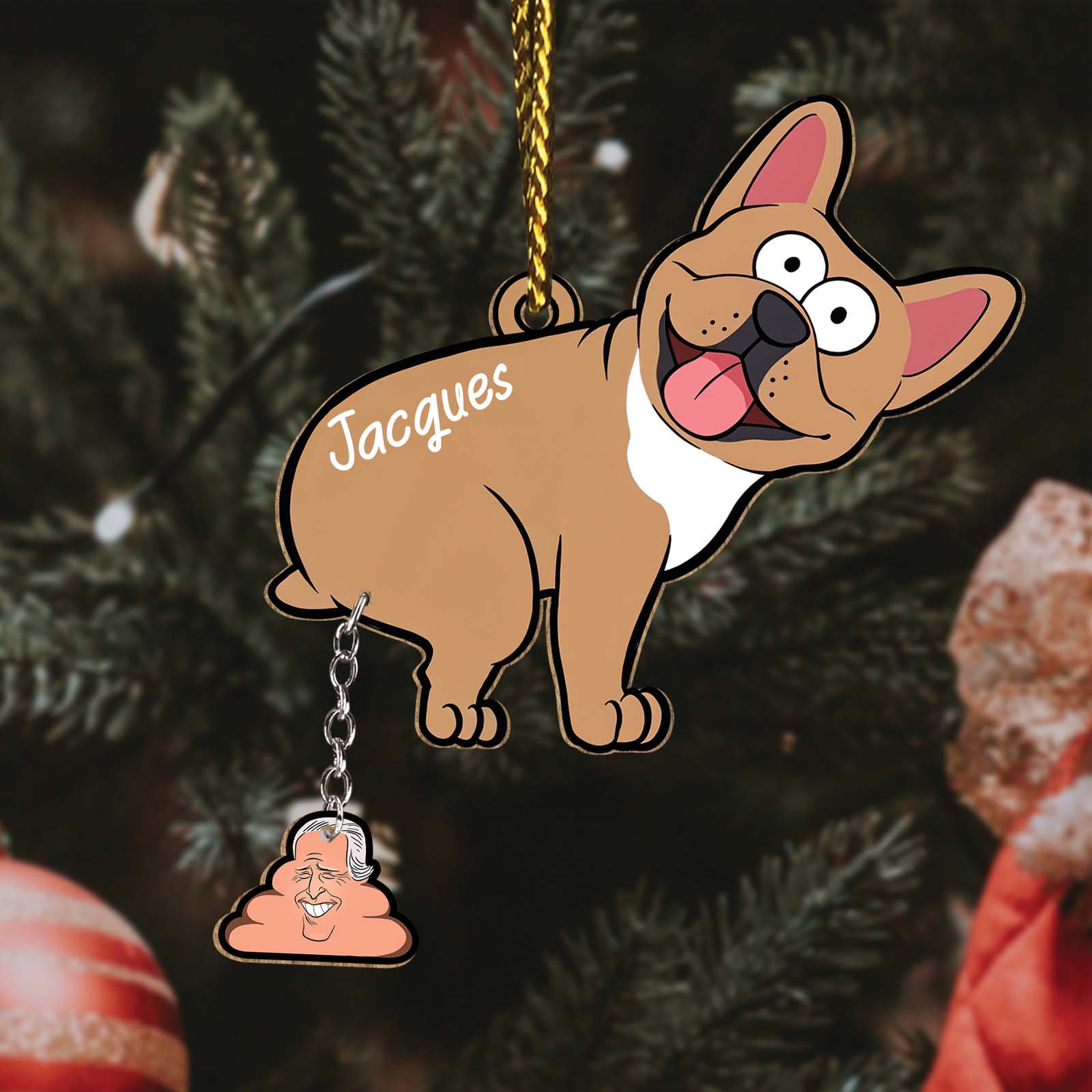 Personalized dog Christmas ornament featuring a cartoon brown dog with the name Jacques on a Christmas tree