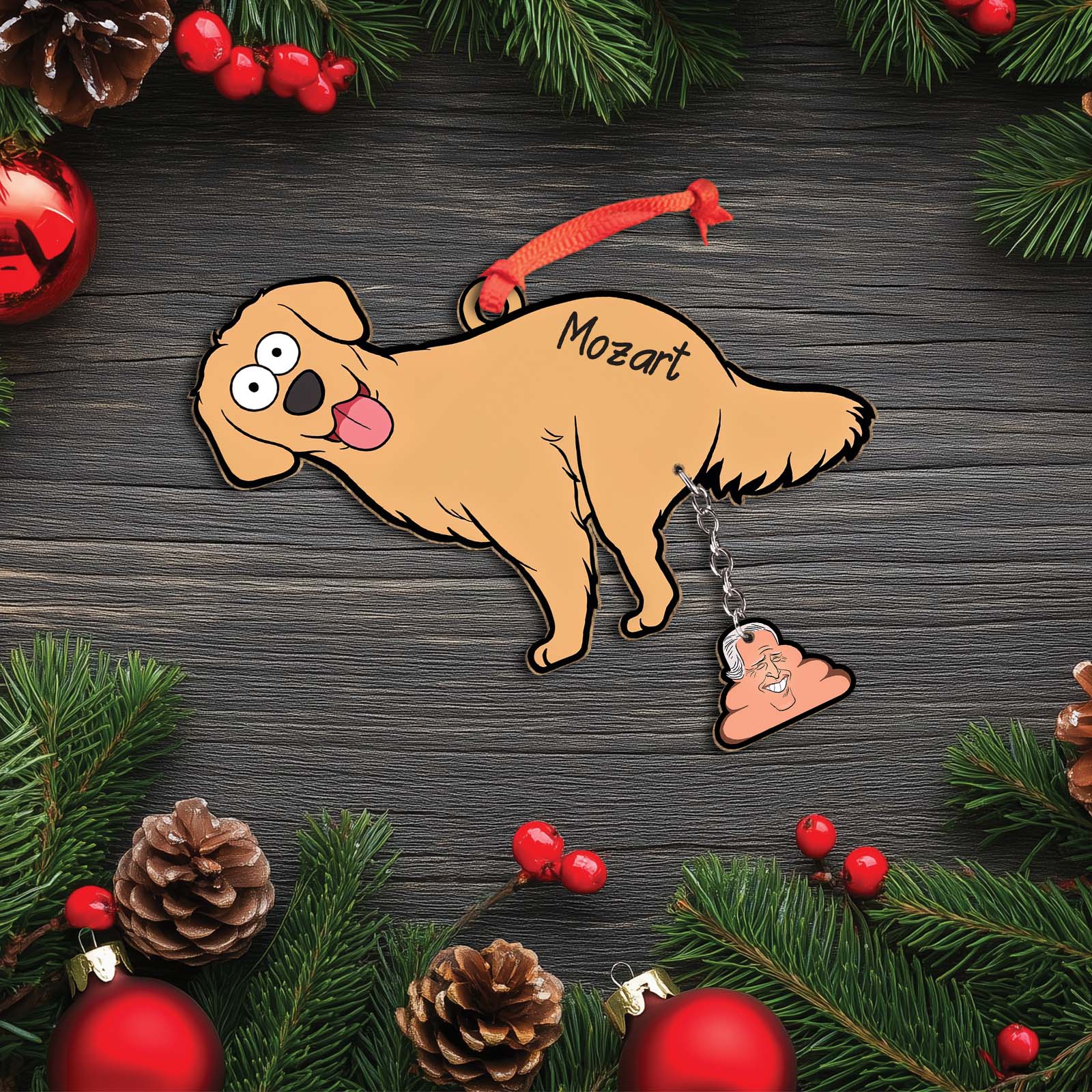 365Gifty personalized dog Christmas ornament featuring a cartoon golden retriever with a red hanging ribbon and a small poop charm