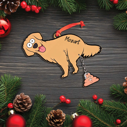 365Gifty personalized dog Christmas ornament featuring a cartoon golden retriever with a red hanging ribbon and a small poop charm
