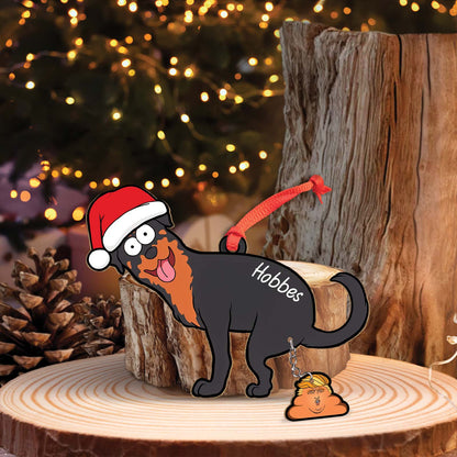Personalized dog Christmas ornament featuring a black and brown dog with Santa hat and name Hobbes