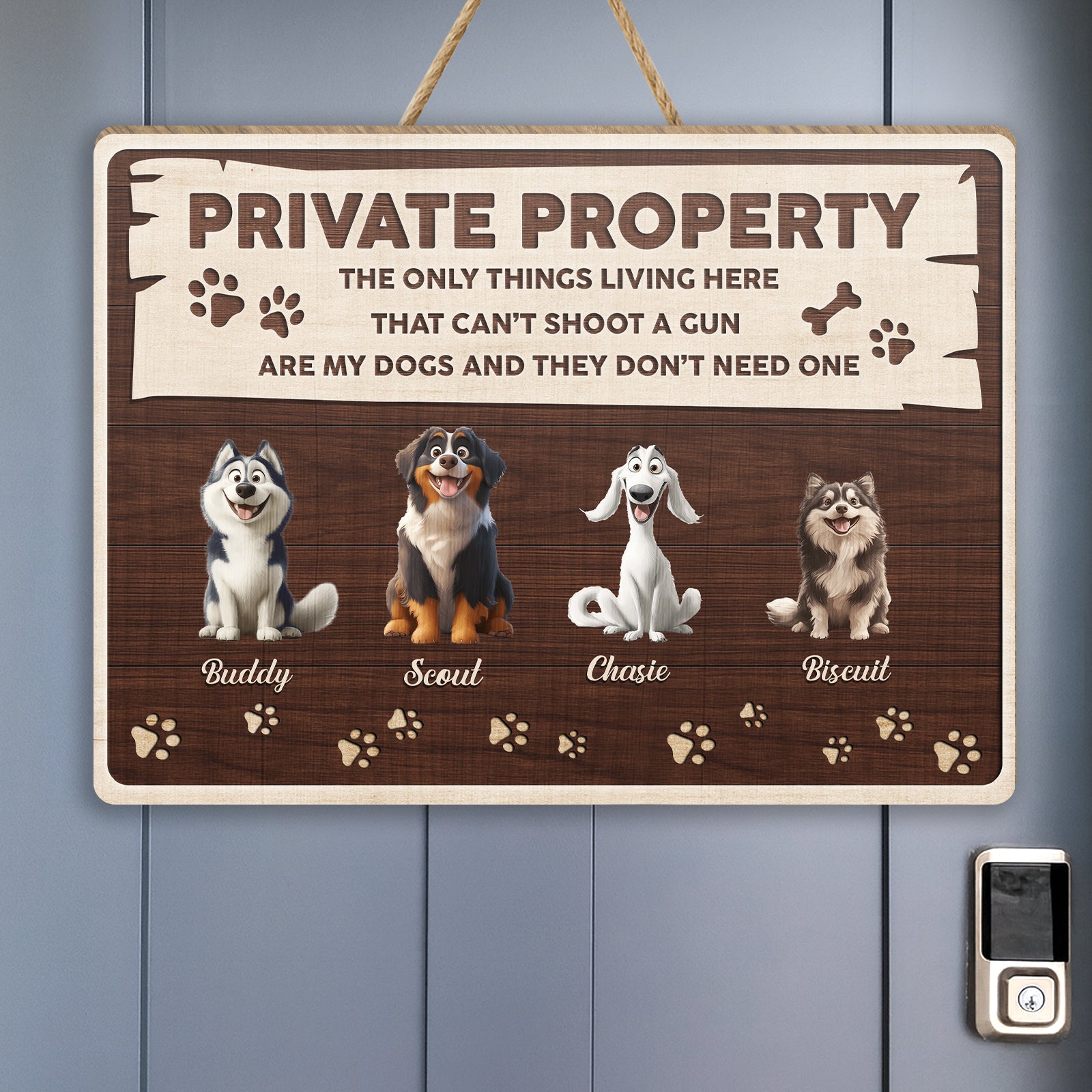 Personalized dog door sign featuring four dogs with playful text about guarding property
