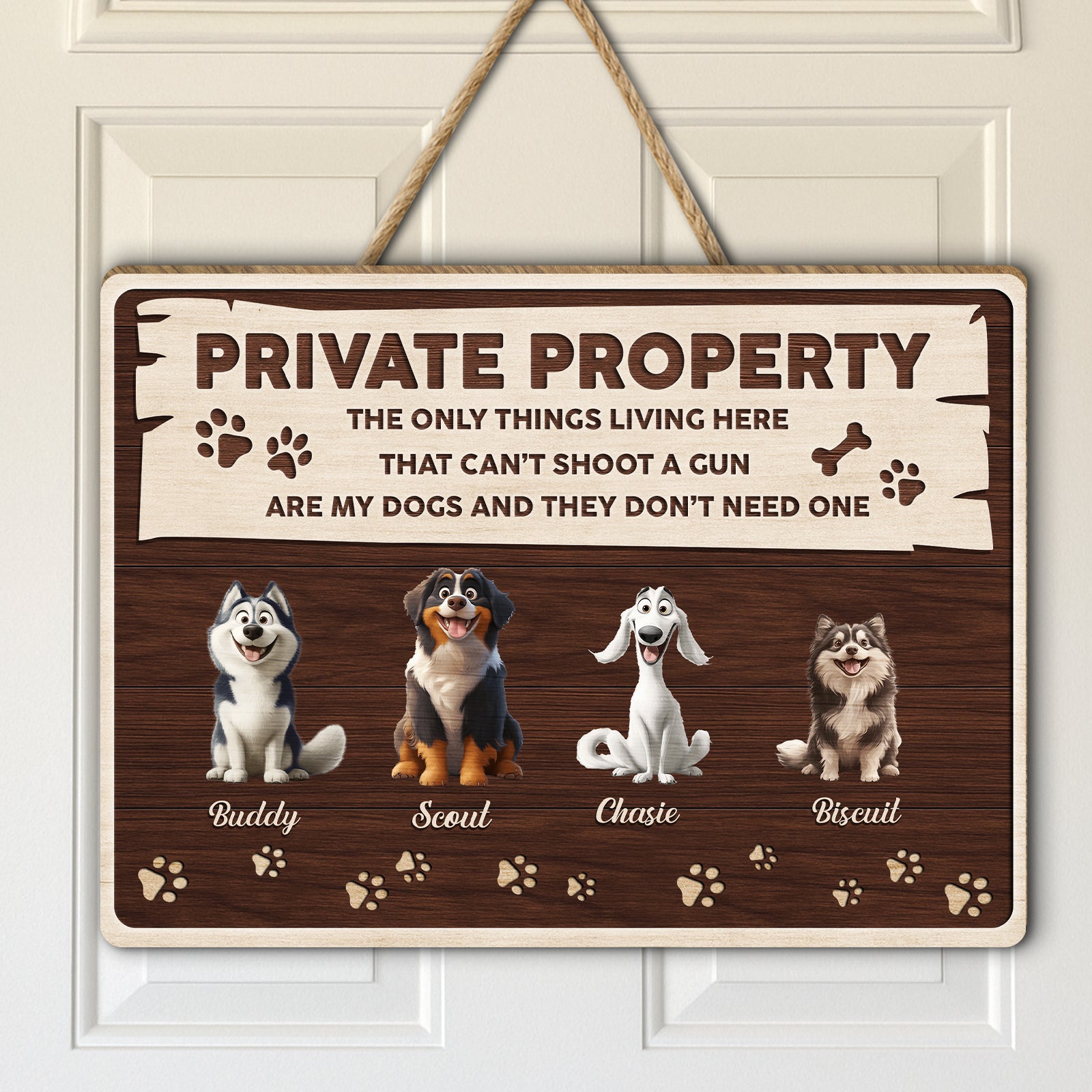 Personalized dog door sign featuring four cartoon dogs and a funny warning message