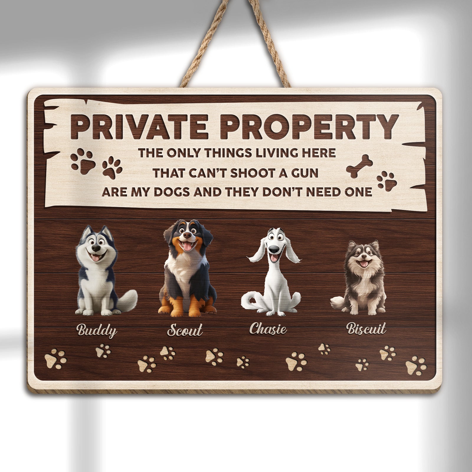 Personalized dog door sign featuring four cartoon dogs with names Buddy, Scout, Chasie, and Biscuit
