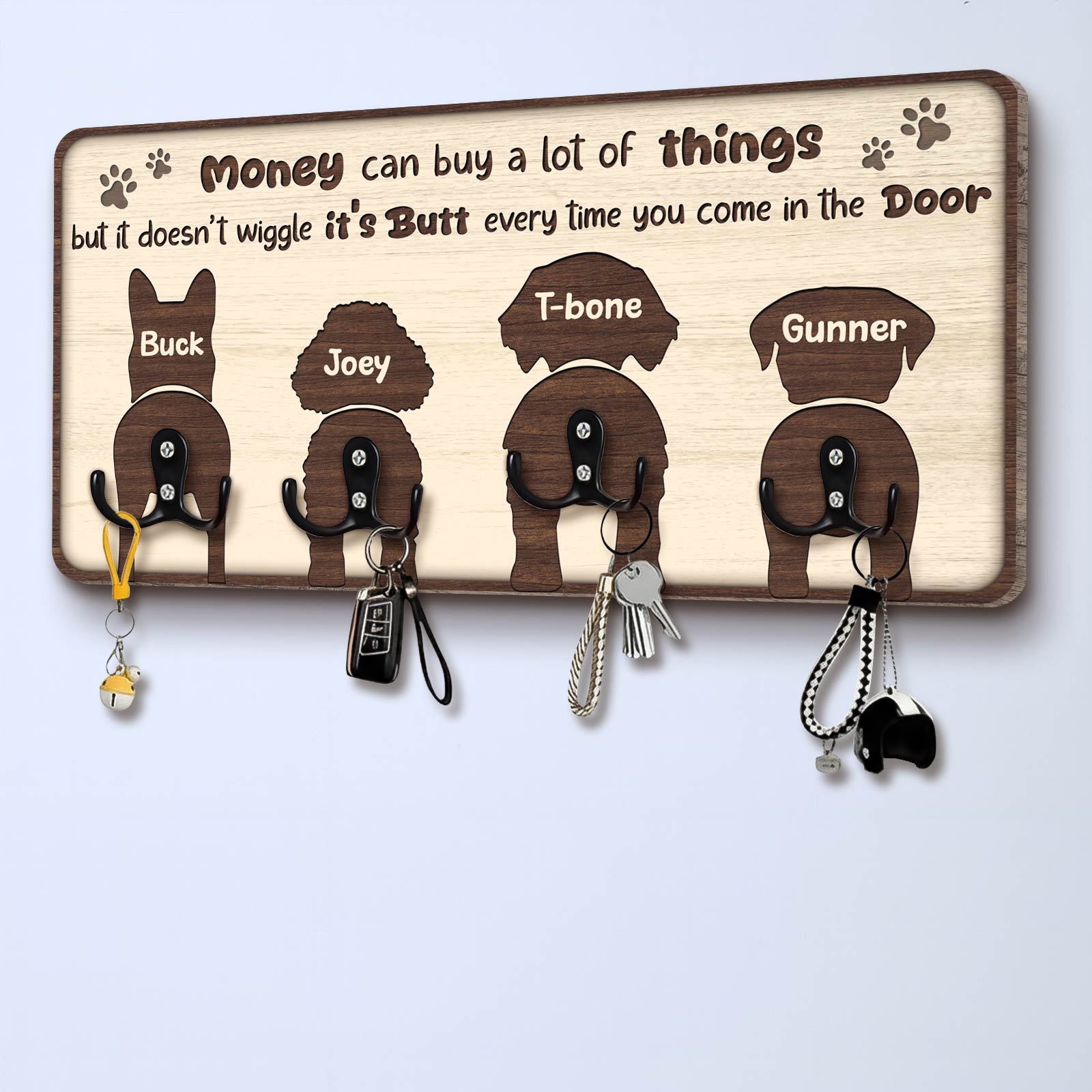 Personalized dog key holder with cute pet designs and hooks for organizing keys and dog accessories