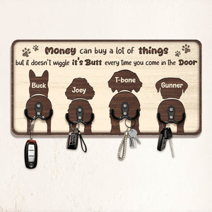 Personalized dog key holder with silhouette designs of four dogs and humorous quote about pets