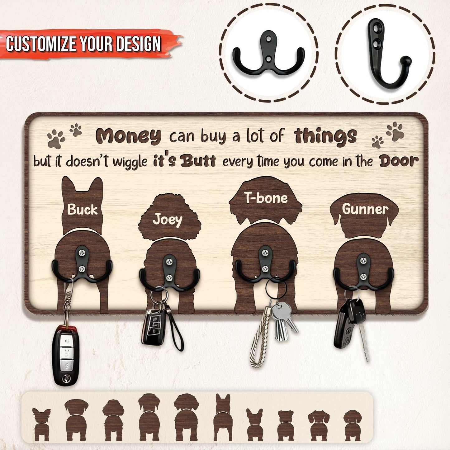 Personalized dog key holder with custom names and hooks for easy key organization