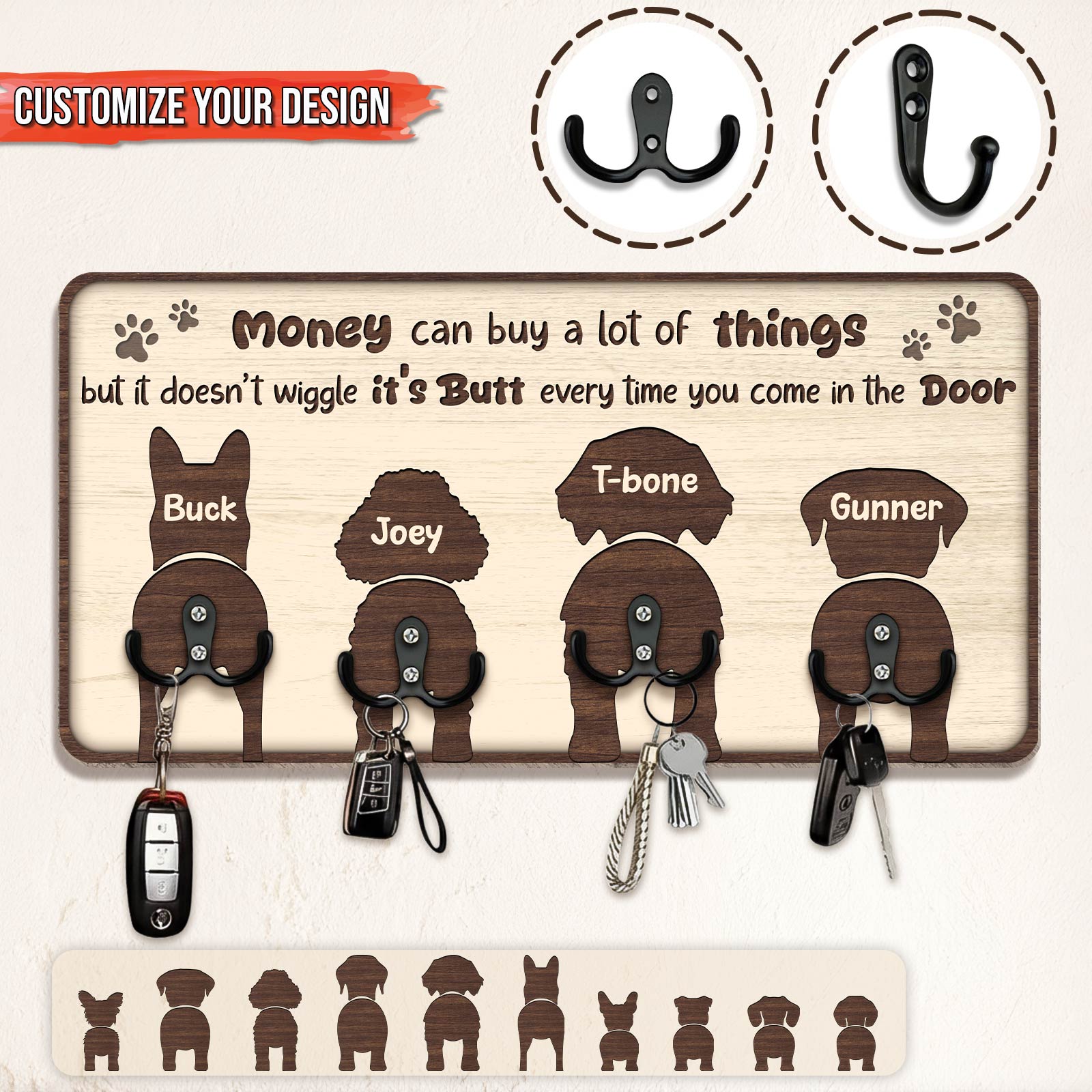 Personalized dog key holder with custom names and hooks for easy key organization