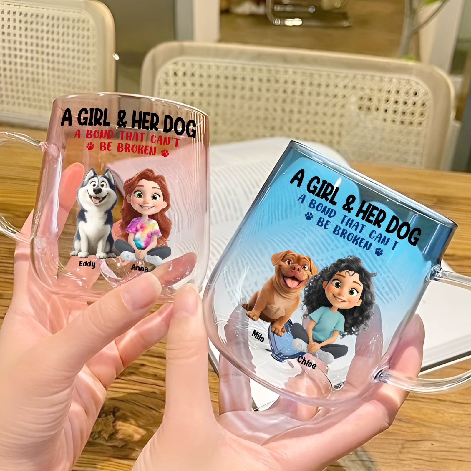 Two personalized dog lover glass mugs featuring a girl and her dog with heartfelt designs