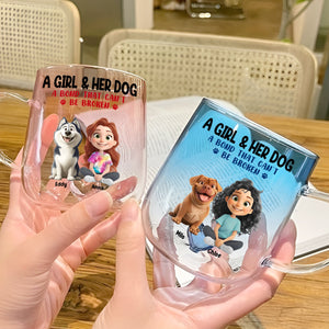 Two personalized dog lover glass mugs featuring a girl and her dog with heartfelt designs