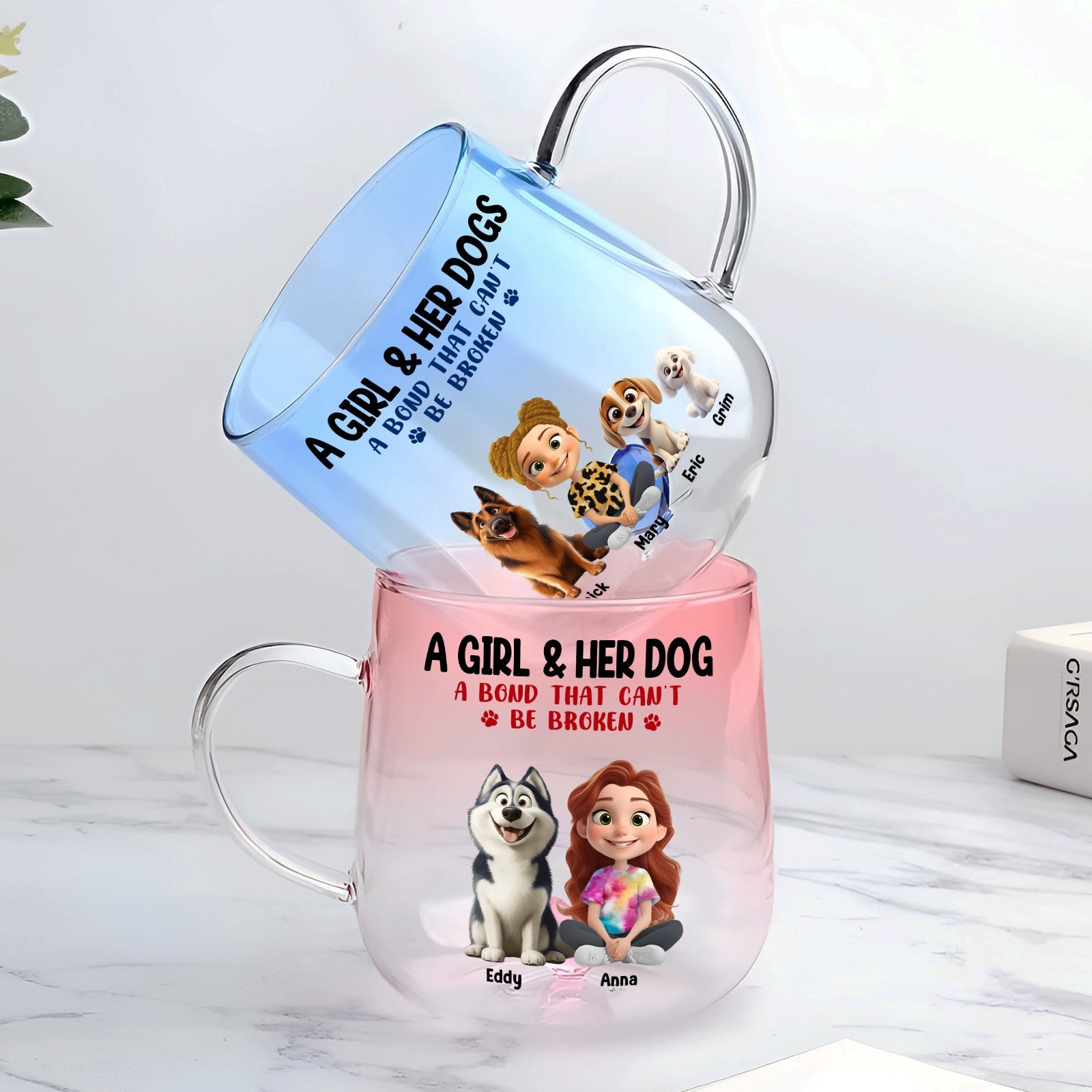 Personalized dog lover glass mug featuring colorful designs and text about girls and their dogs