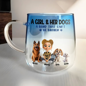 Personalized dog lover glass mug featuring a girl with her dogs and the quote about their bond
