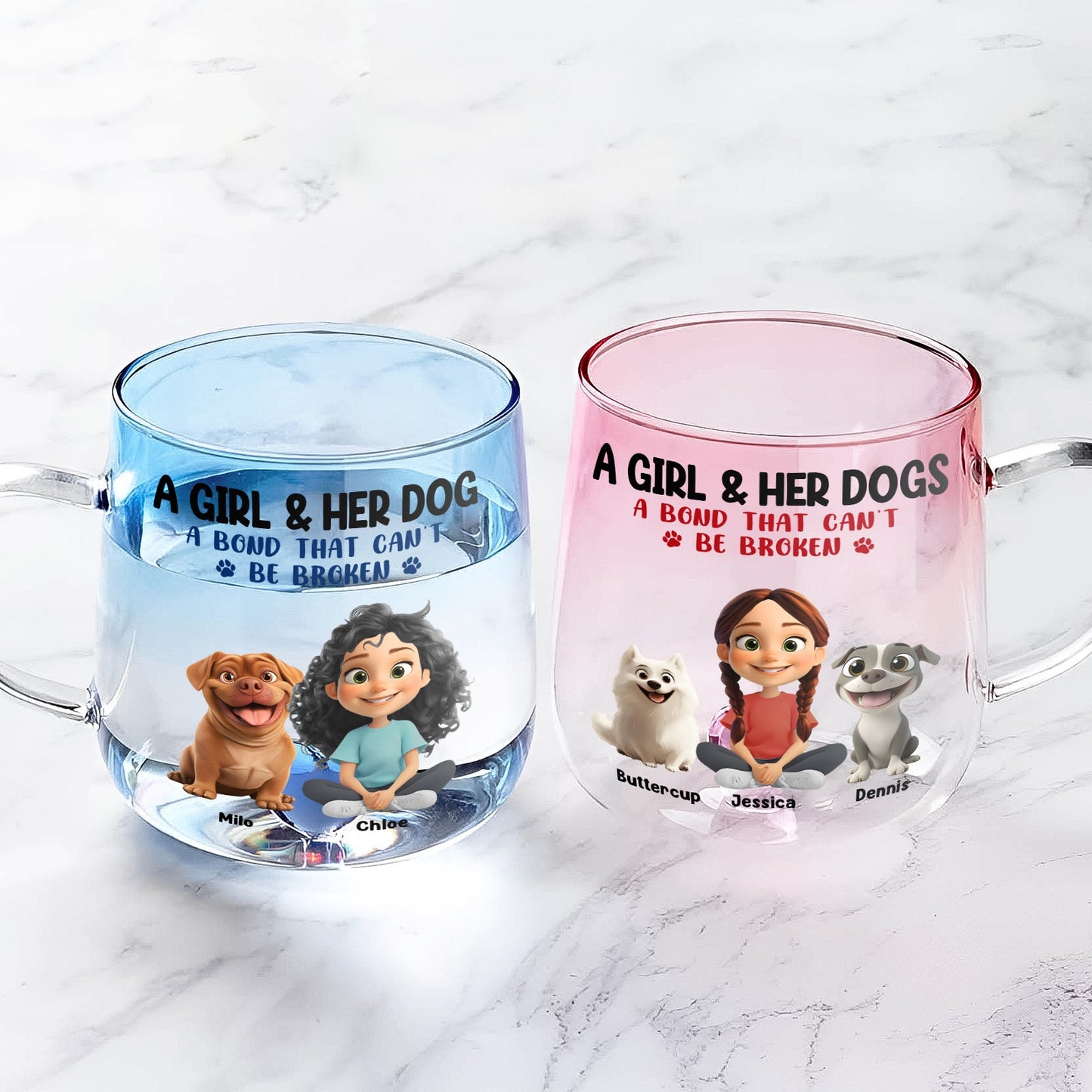 Personalized dog lover glass mug featuring cartoon characters and dogs with the phrase A Girl & Her Dog