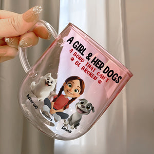 Personalized dog lover glass mug featuring a girl with her dogs and the text that highlights their bond