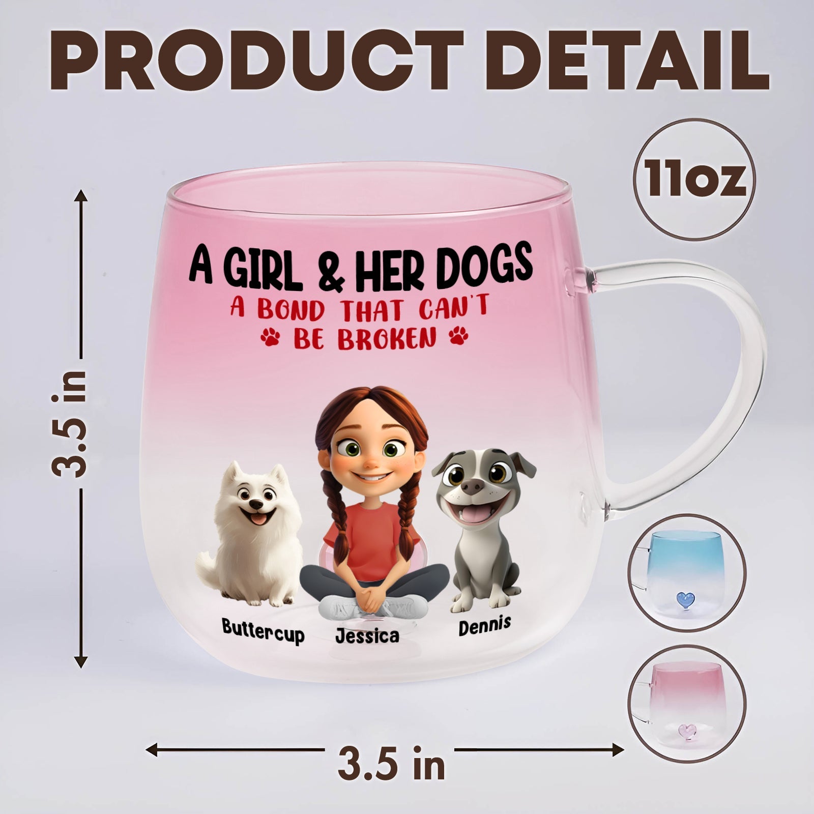 Personalized dog lover glass mug featuring a girl with her dogs and customizable names for pet owners