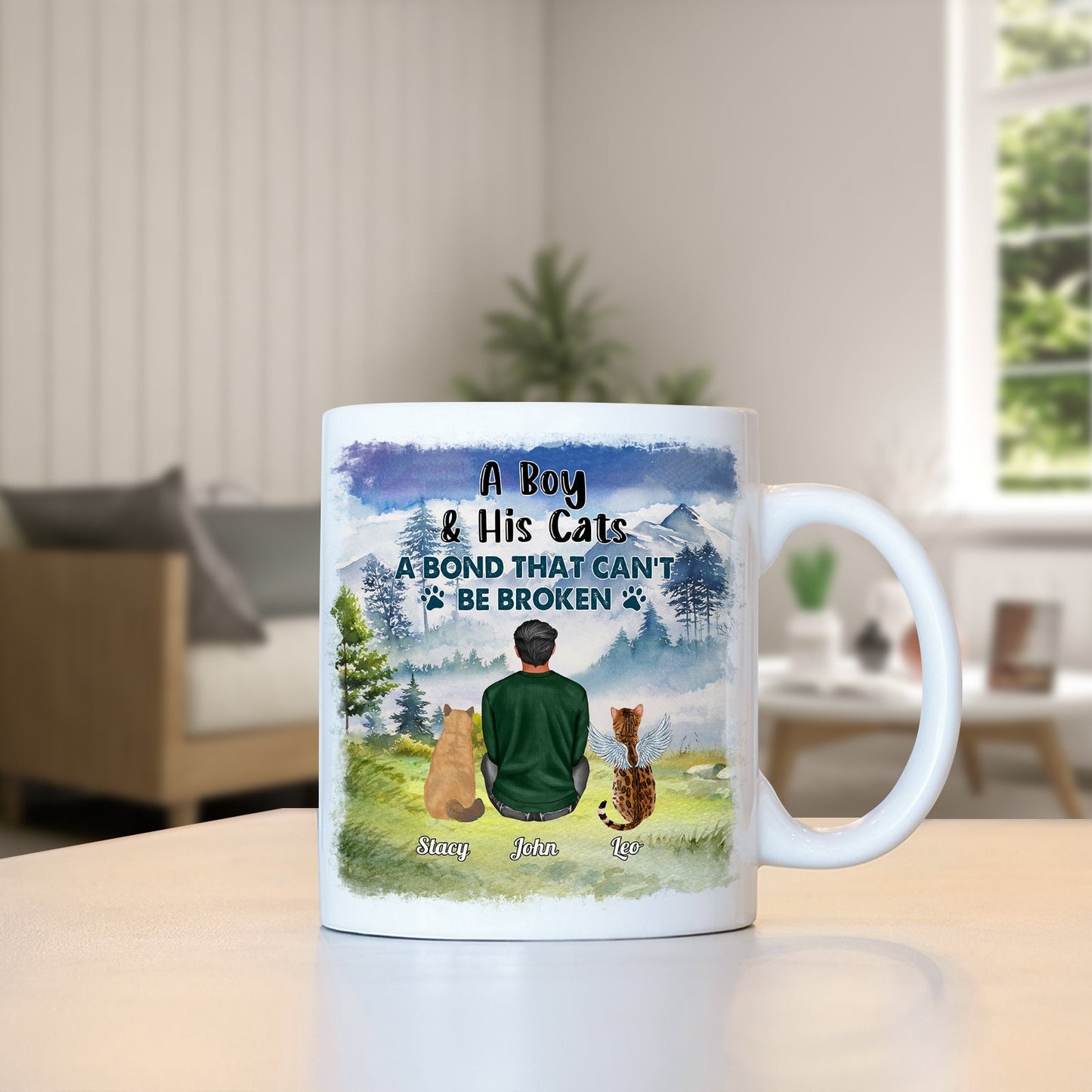 Personalized dog lover mug featuring a boy with cats and the quote A Boy & His Cats A Bond That Can't Be Broken