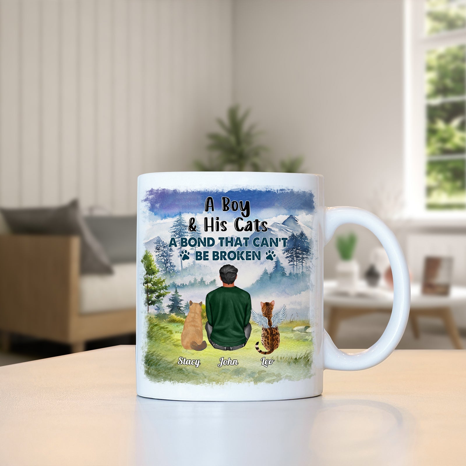 Personalized dog lover mug featuring a boy with cats and the quote A Boy & His Cats A Bond That Can't Be Broken