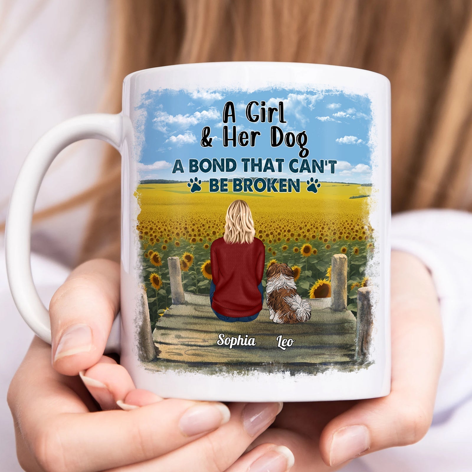 Personalized dog lover mug featuring a girl and her dog in a sunflower field with an inspiring quote