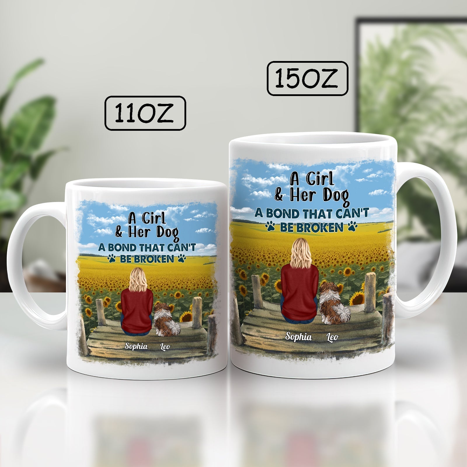 Personalized dog lover mug featuring a girl and her dog with a scenic sunflower background