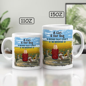 Personalized dog lover mug featuring a girl and her dog with a scenic sunflower background