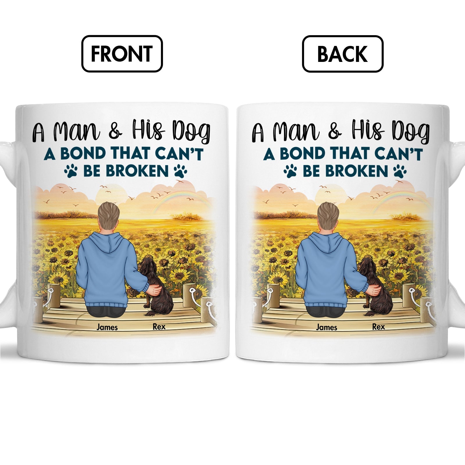 Personalized dog lover mug featuring a man and his dog with a heartfelt bond in a sunflower field