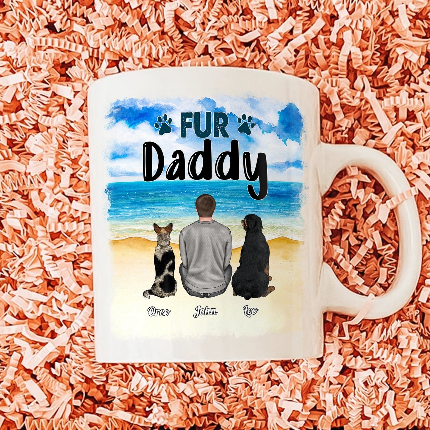 Personalized dog lover mug featuring a man and two dogs with a beach background