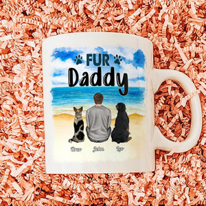 Personalized dog lover mug featuring a man and two dogs with a beach background