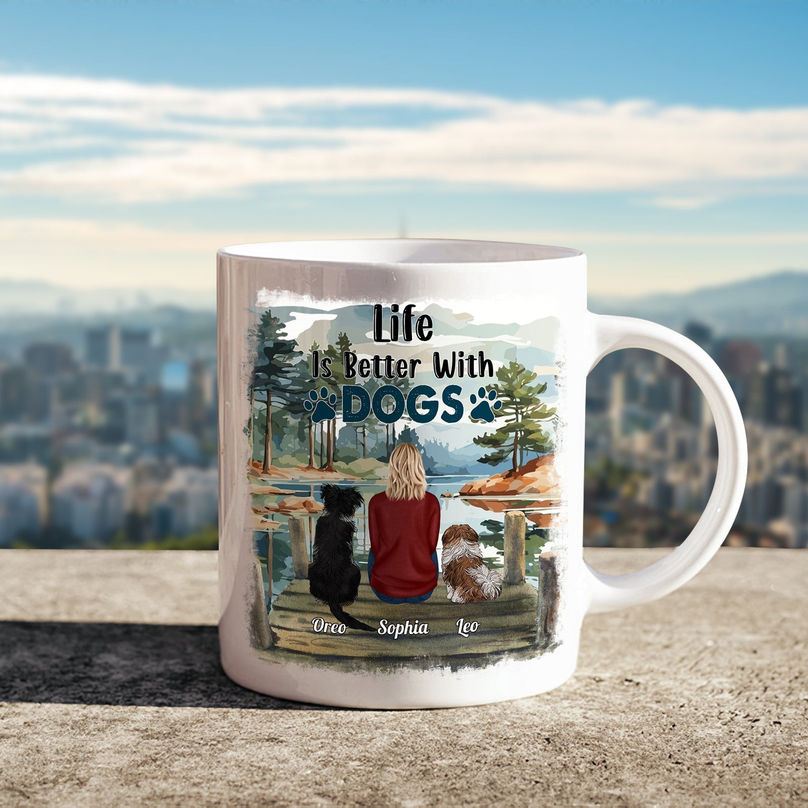 Personalized dog lover mug featuring a scenic design and the phrase Life is Better With Dogs