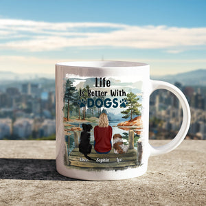 Personalized dog lover mug featuring a scenic design and the phrase Life is Better With Dogs