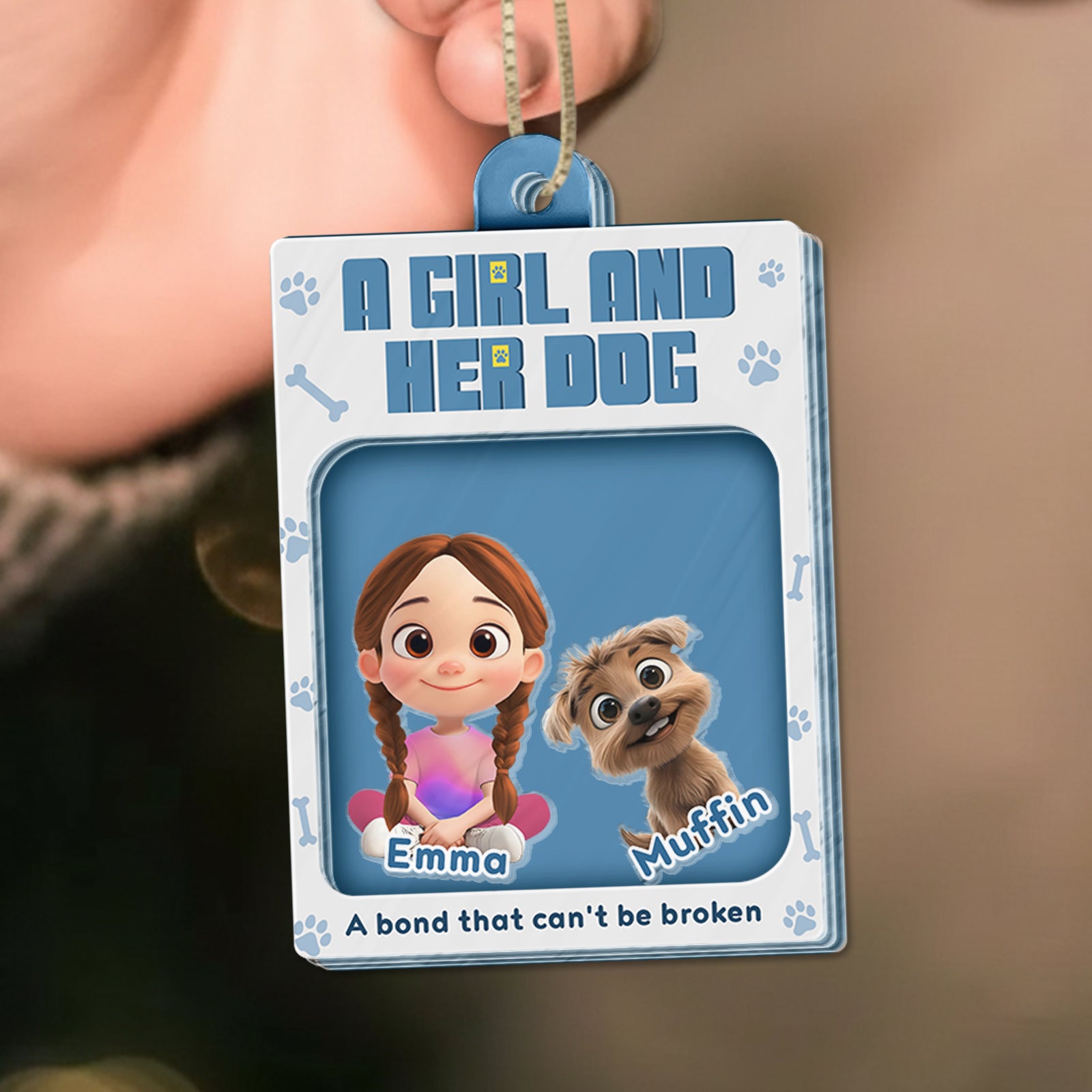 Personalized dog lover ornament featuring a girl and her dog with the name Emma and Muffin