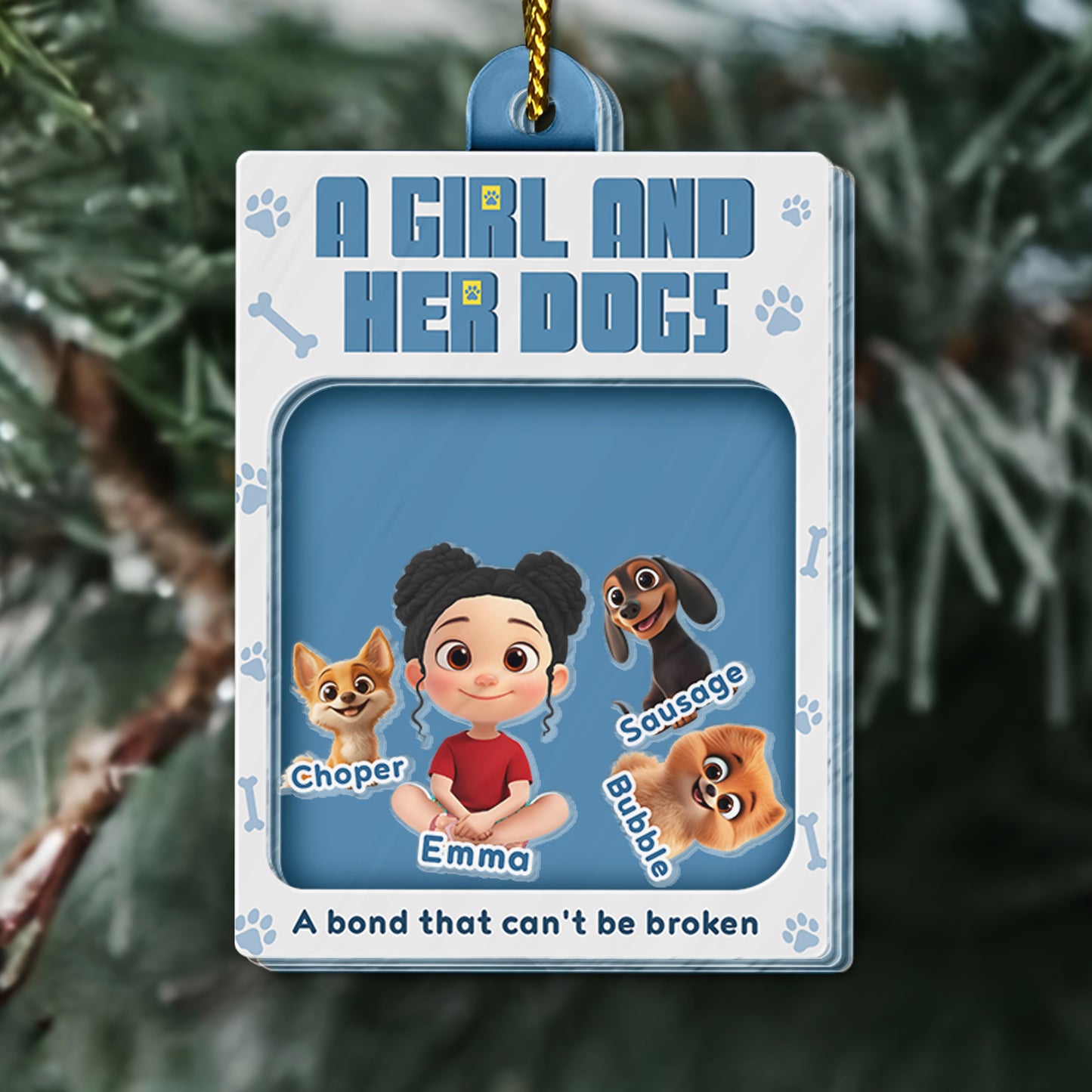 Personalized dog lover ornament featuring Emma and her three cartoon dogs in a festive design