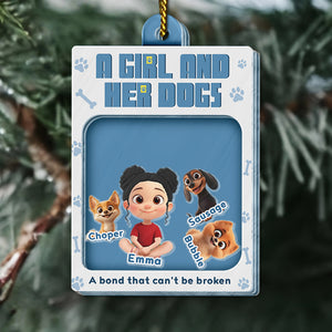 Personalized dog lover ornament featuring Emma and her three cartoon dogs in a festive design
