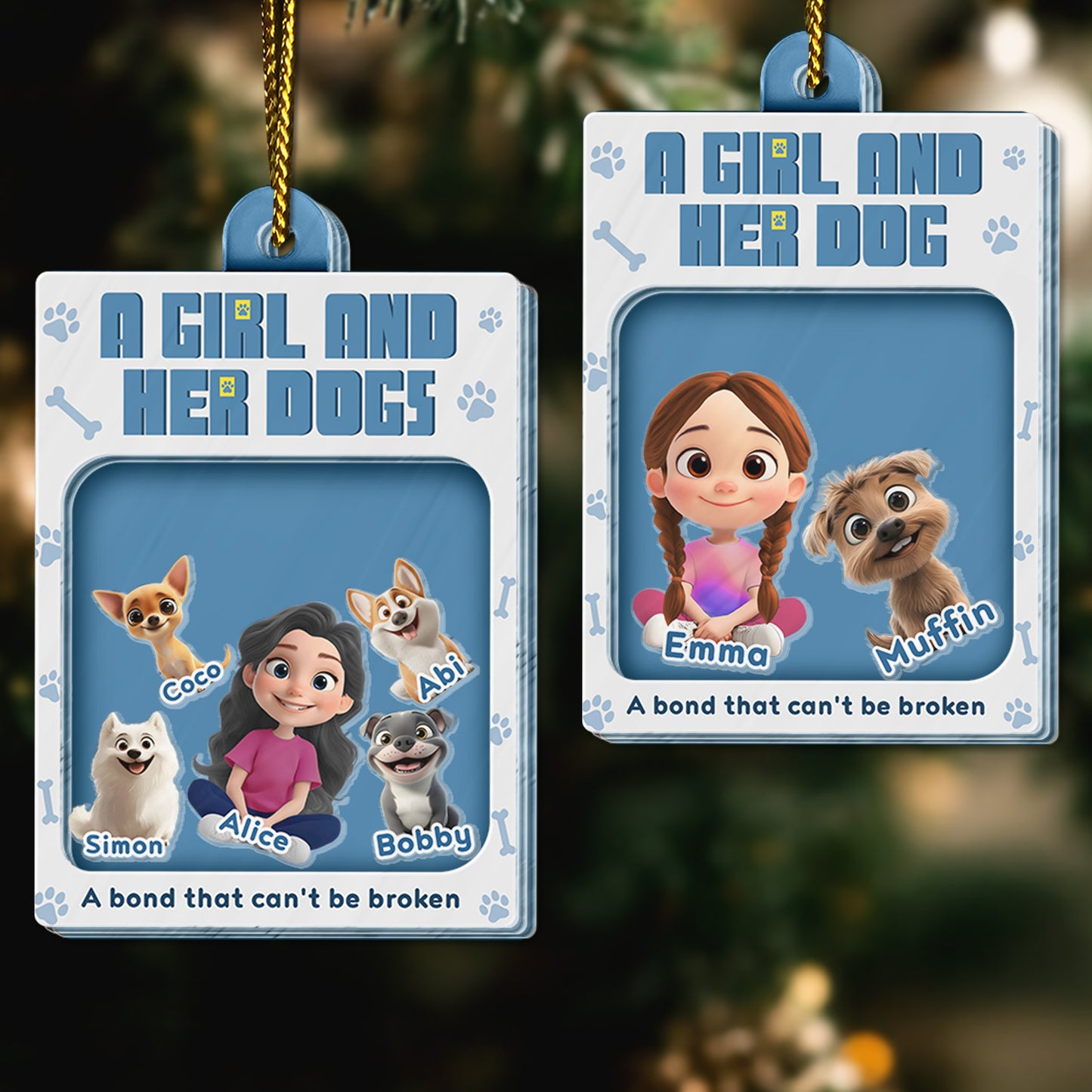 Personalized dog lover ornament featuring a girl with her dogs and customizable names for a special bond