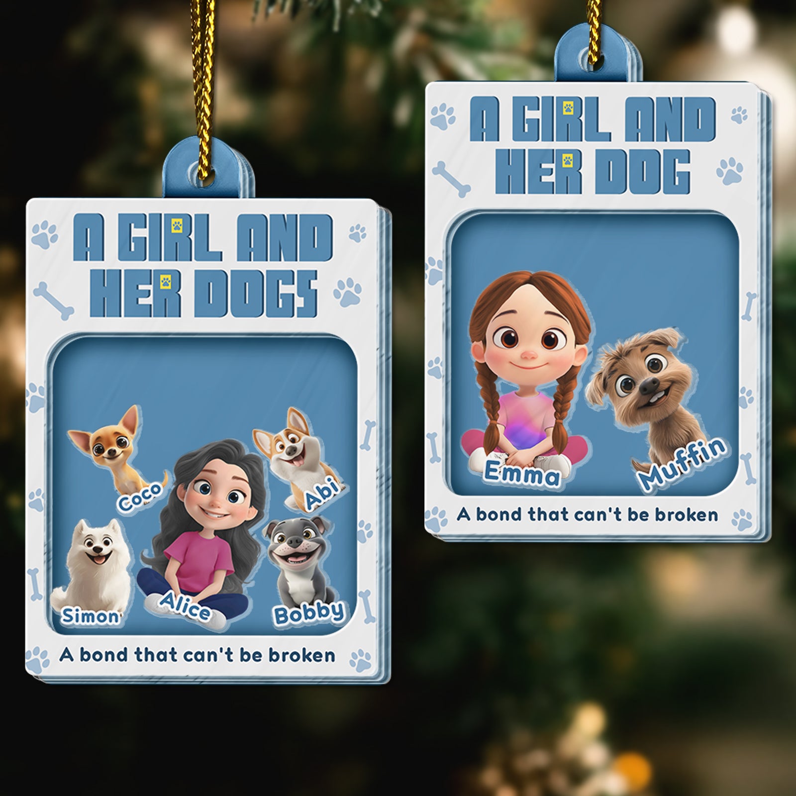 Personalized dog lover ornament featuring a girl with her dogs and customizable names for a special bond