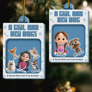 Personalized dog lover ornament featuring a girl with her dogs and customizable names for a special bond