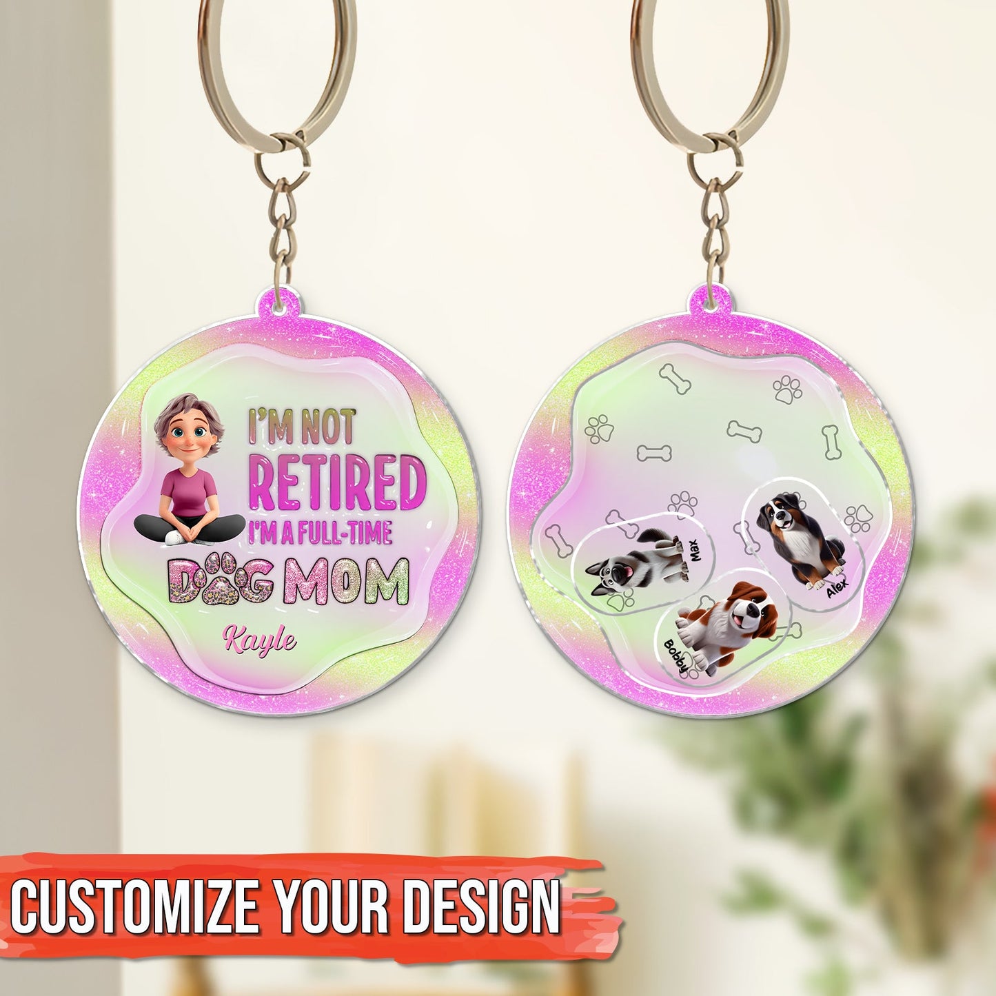 Personalized dog mom keychain with custom designs and vibrant colors for dog lovers