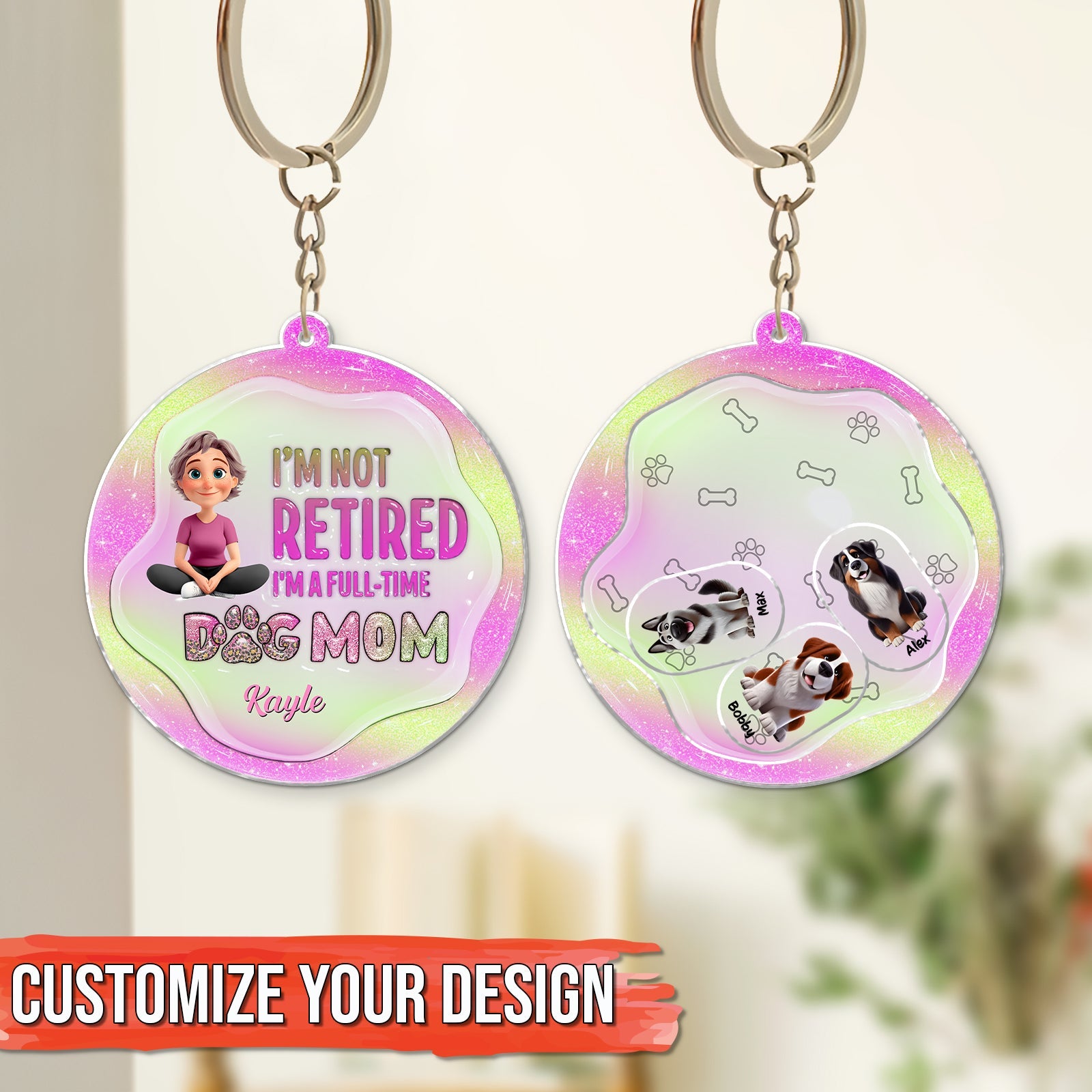 Personalized dog mom keychain with custom designs and vibrant colors for dog lovers