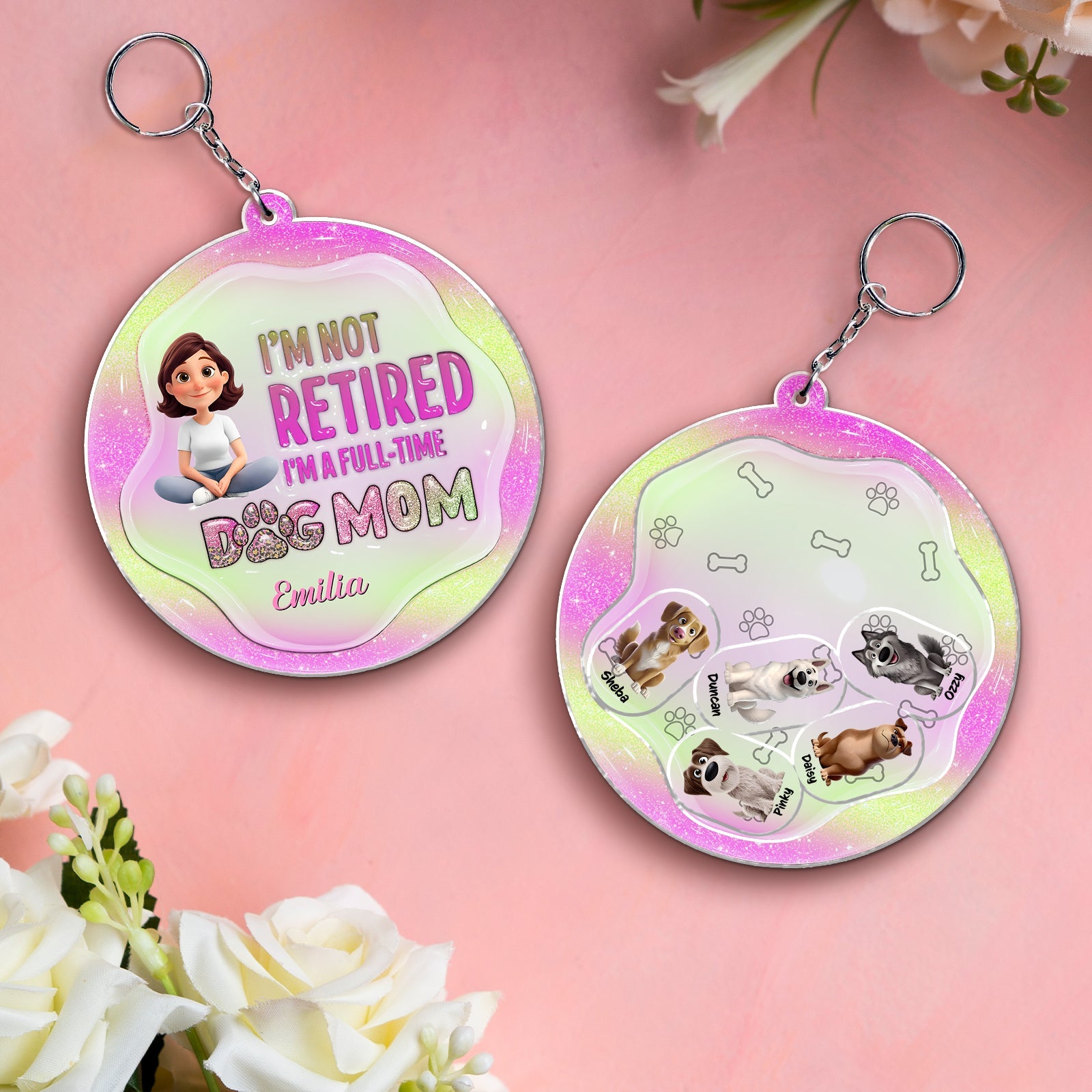 Personalized dog mom keychain featuring fun designs and a cute message for dog lovers