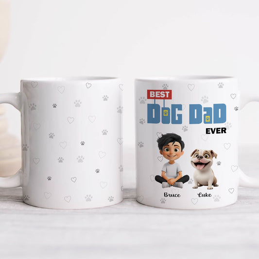 Personalized dog mom mug featuring cartoon characters and paw print design for dog lovers