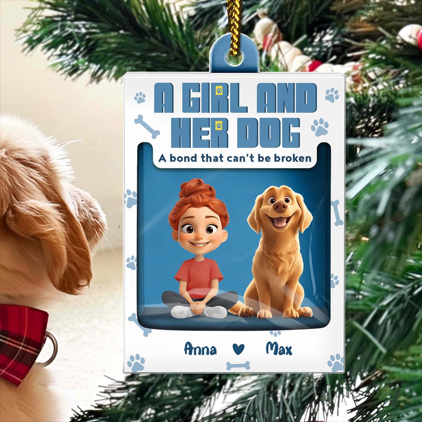 Personalized dog ornament featuring a girl and her dog design with names Anna and Max