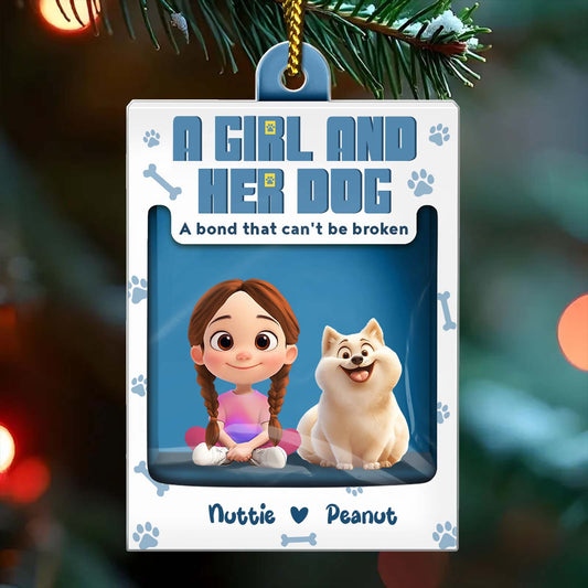 Personalized dog ornament featuring a girl and her dog with custom names Nuttie and Peanut