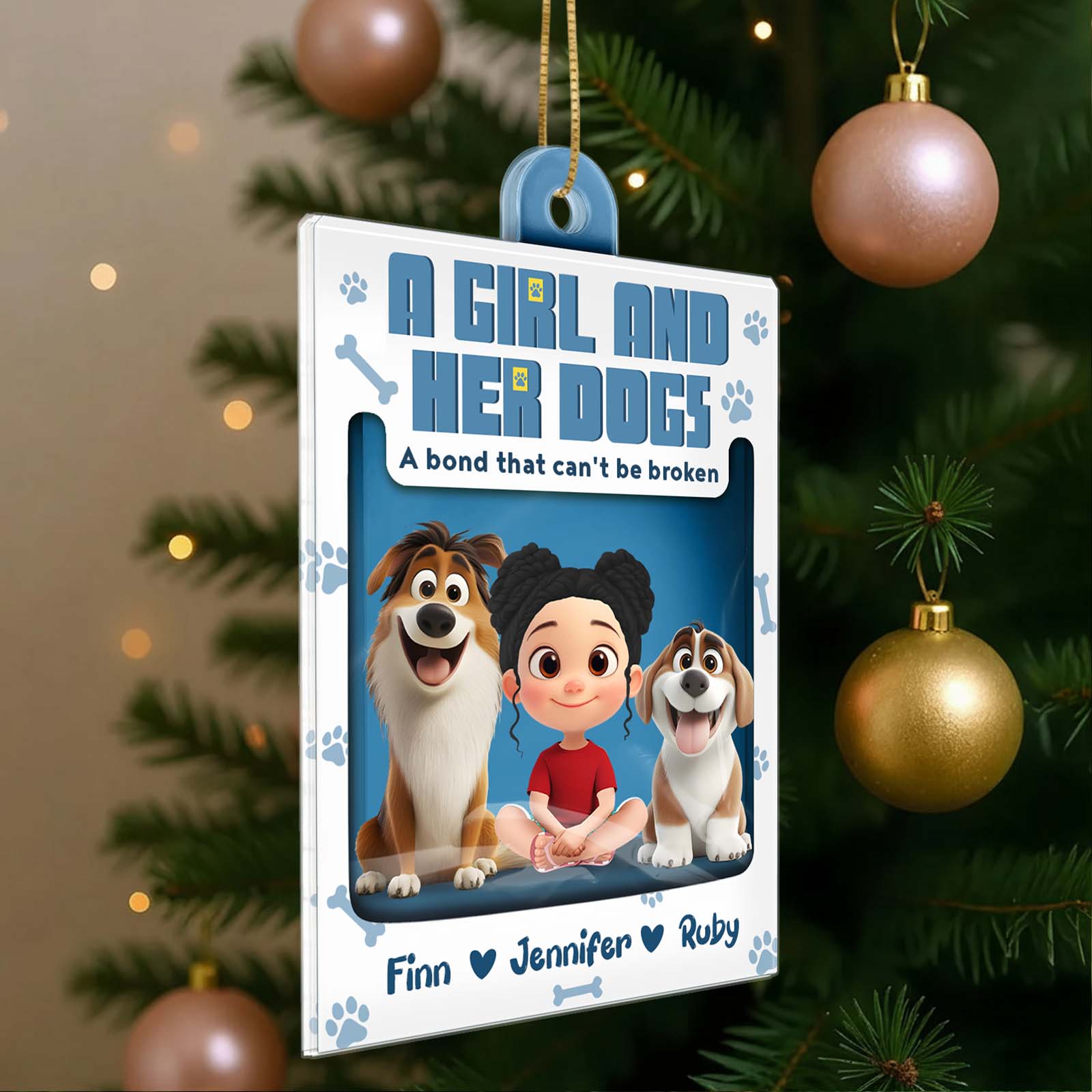 Personalized dog ornament featuring a girl with her dogs and custom names for a heartfelt holiday decoration