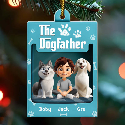 Personalized dog ornament featuring the Dogfather design with three characters and colorful background