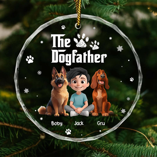 Personalized dog ornament featuring cartoon dogs and a boy with the text The Dogfather