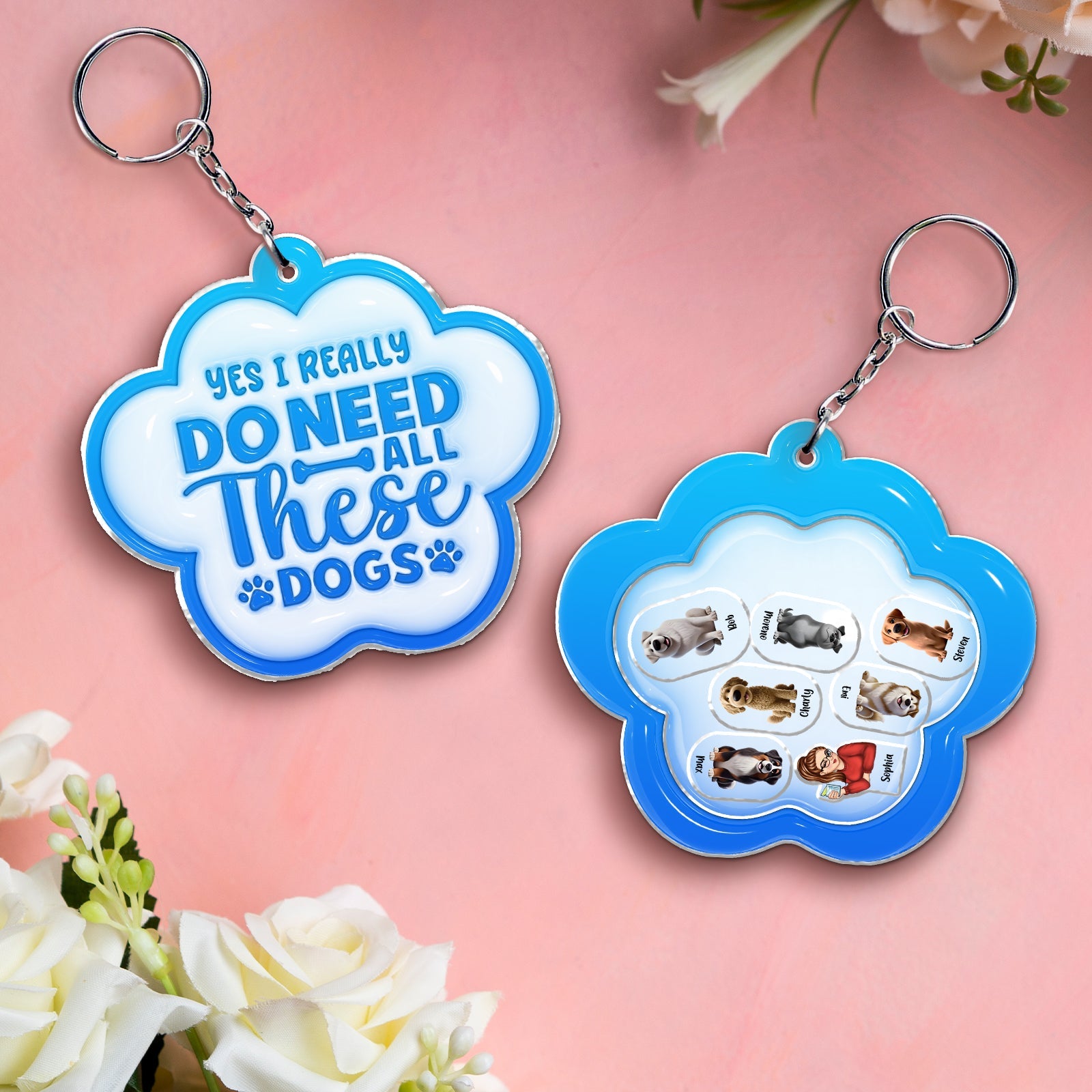 Personalized dog shaking keychain featuring cute dog illustrations and a fun message
