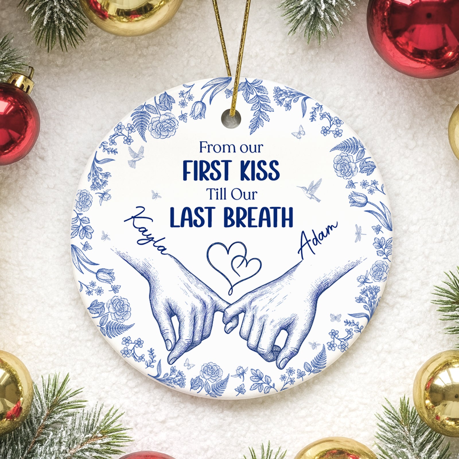 Personalized double-sided ceramic ornament featuring intertwined hands and custom names for sentimental decorations