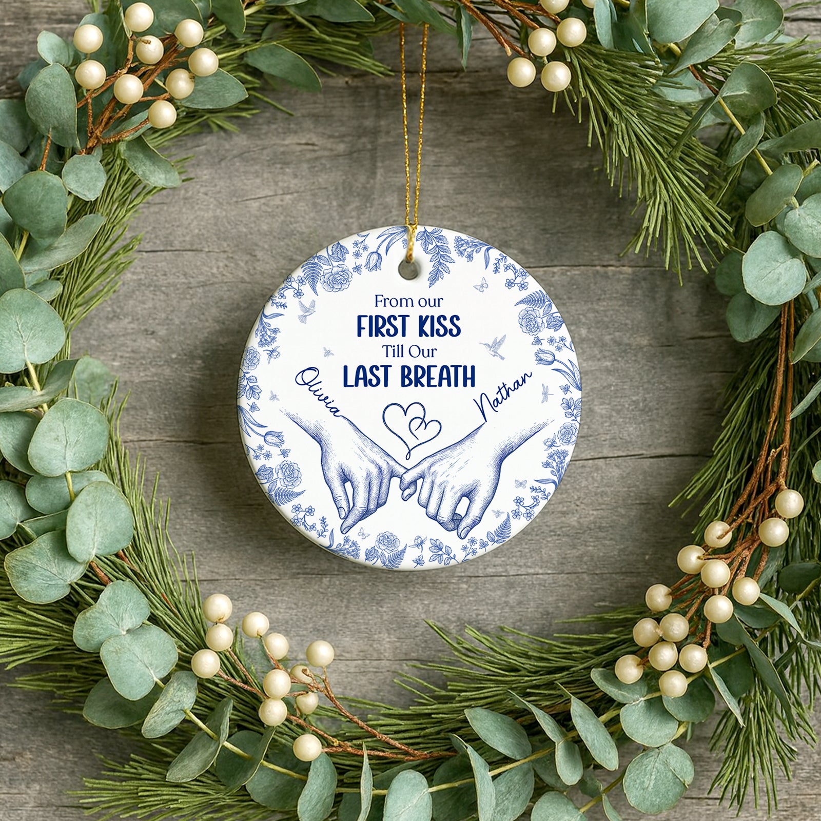 Personalized double-sided ceramic ornament featuring entwined hands and heartfelt message