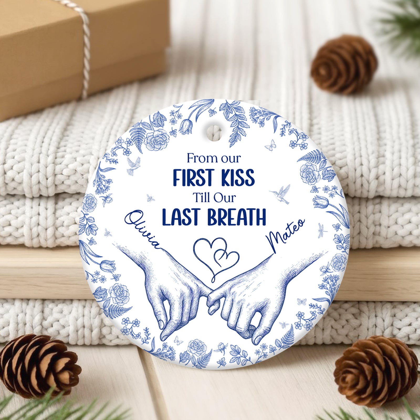 Personalized double-sided ceramic ornament featuring a couple's hands with heartfelt message and floral design